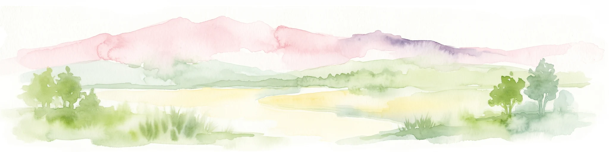 Ilustración en acuarela de un paisaje de marisma baja con colinas rosadas suaves a lo lejos y vegetación verde sobre un fondo blanco.