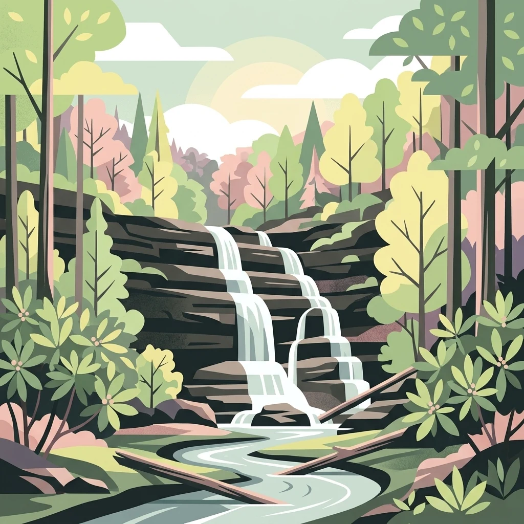 A stylized flat vector illustration of a tiered waterfall flowing into a river through a vibrant forest with layered rocky cliffs and lush vegetation.