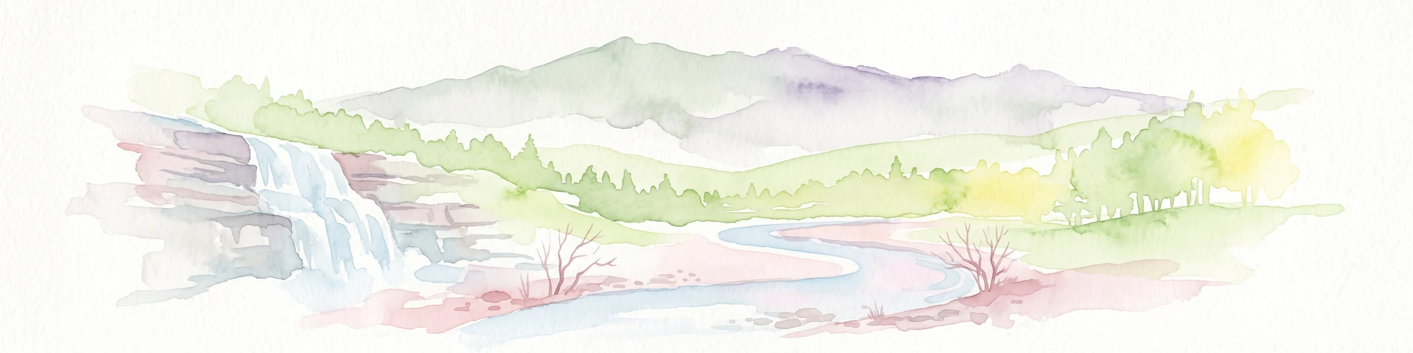 A soft watercolor illustration depicting a winding river, a small waterfall over layered rocks, and distant rolling mountains in muted green, blue, and brown tones.