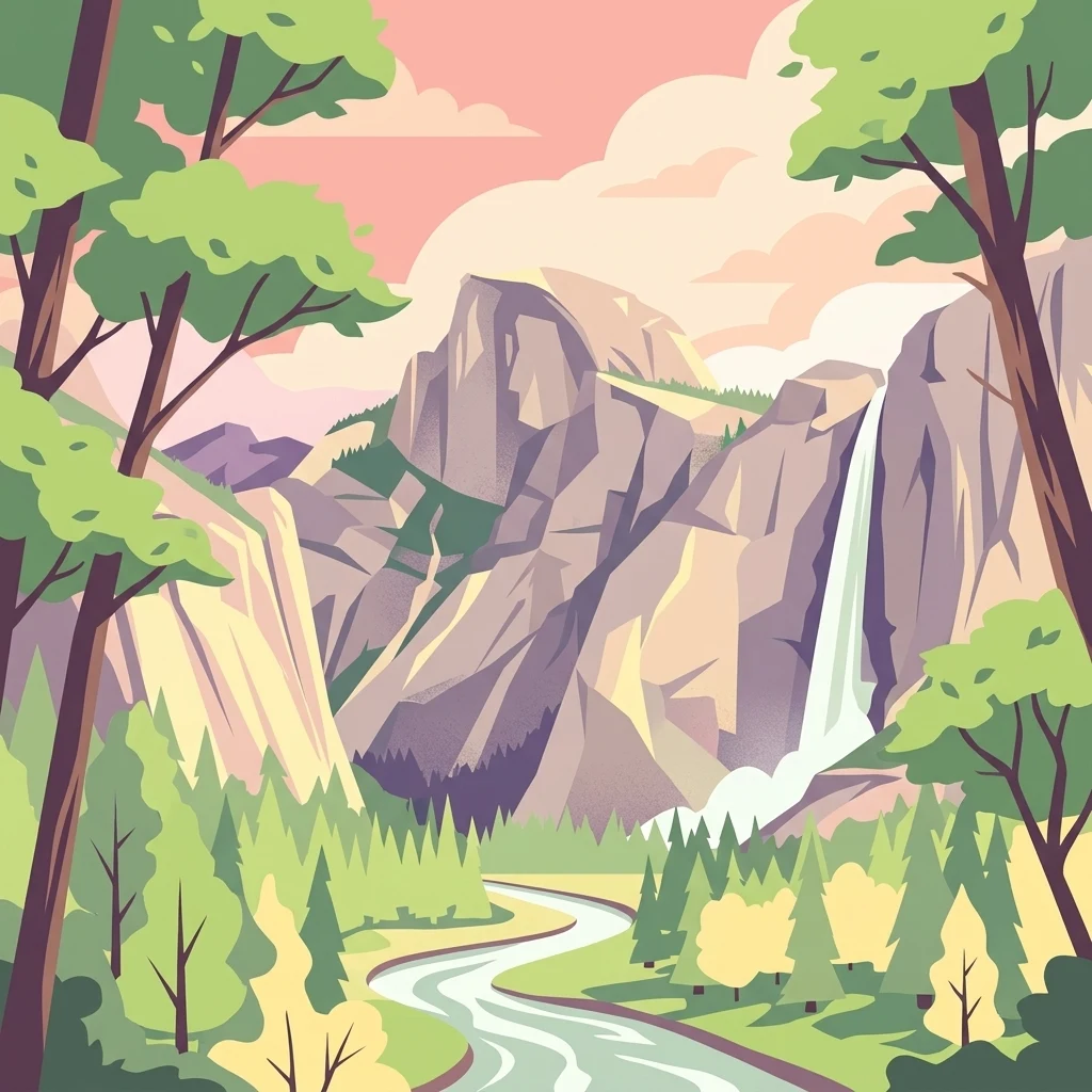 A vibrant, flat-style digital illustration featuring a tall granite mountain cliff with a waterfall, a meandering river in the foreground, and pine trees under a sunset-toned sky.