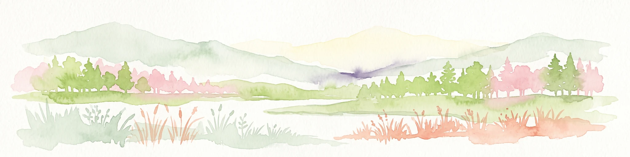 Watercolor painting of a green and pink landscape featuring a forest line with tall grasses in the foreground and soft hills in the background.