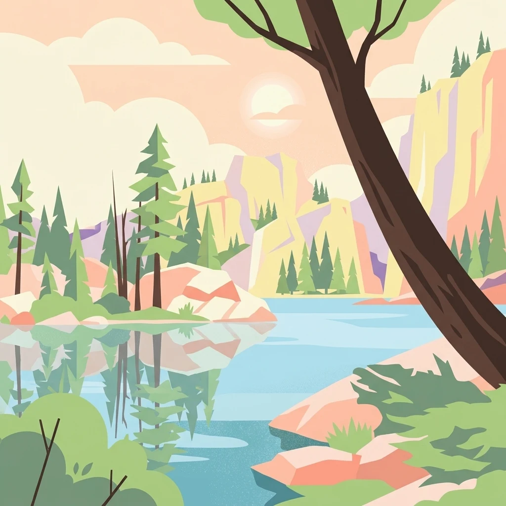 A stylized illustration of a calm lake reflection, framed by evergreen trees and rocky cliffs under a soft, pastel-toned sunset sky.