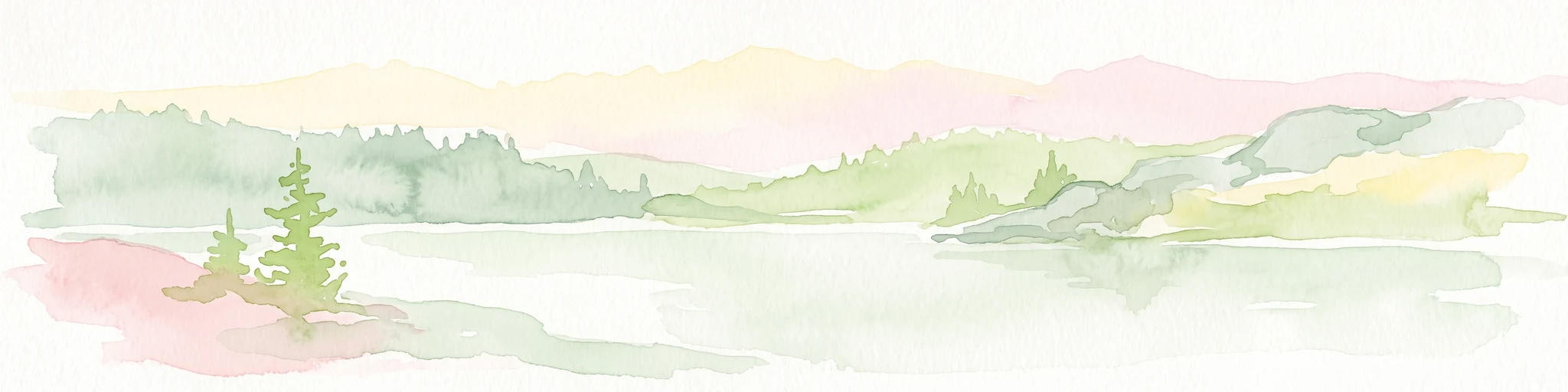 Watercolor painting of a tranquil mountain lake surrounded by pine forests and distant rolling peaks in muted green and pink tones.