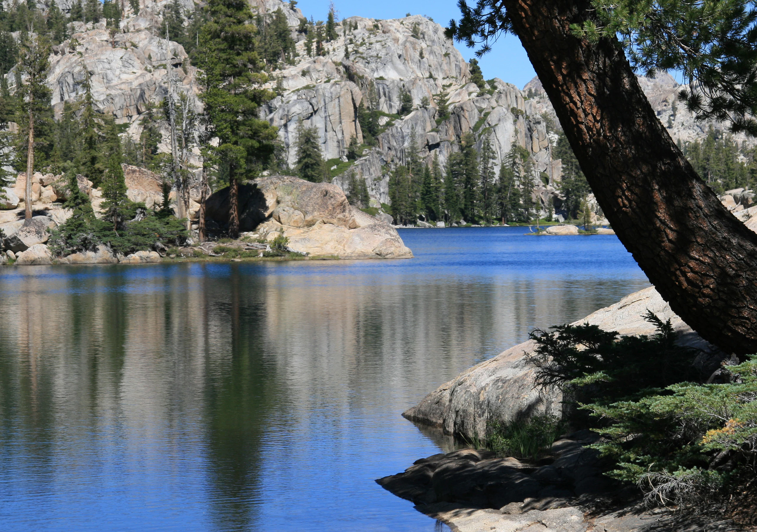 A calm, deep blue mountain lake reflecting the surrounding granitic peaks and pine trees on a sunny day.