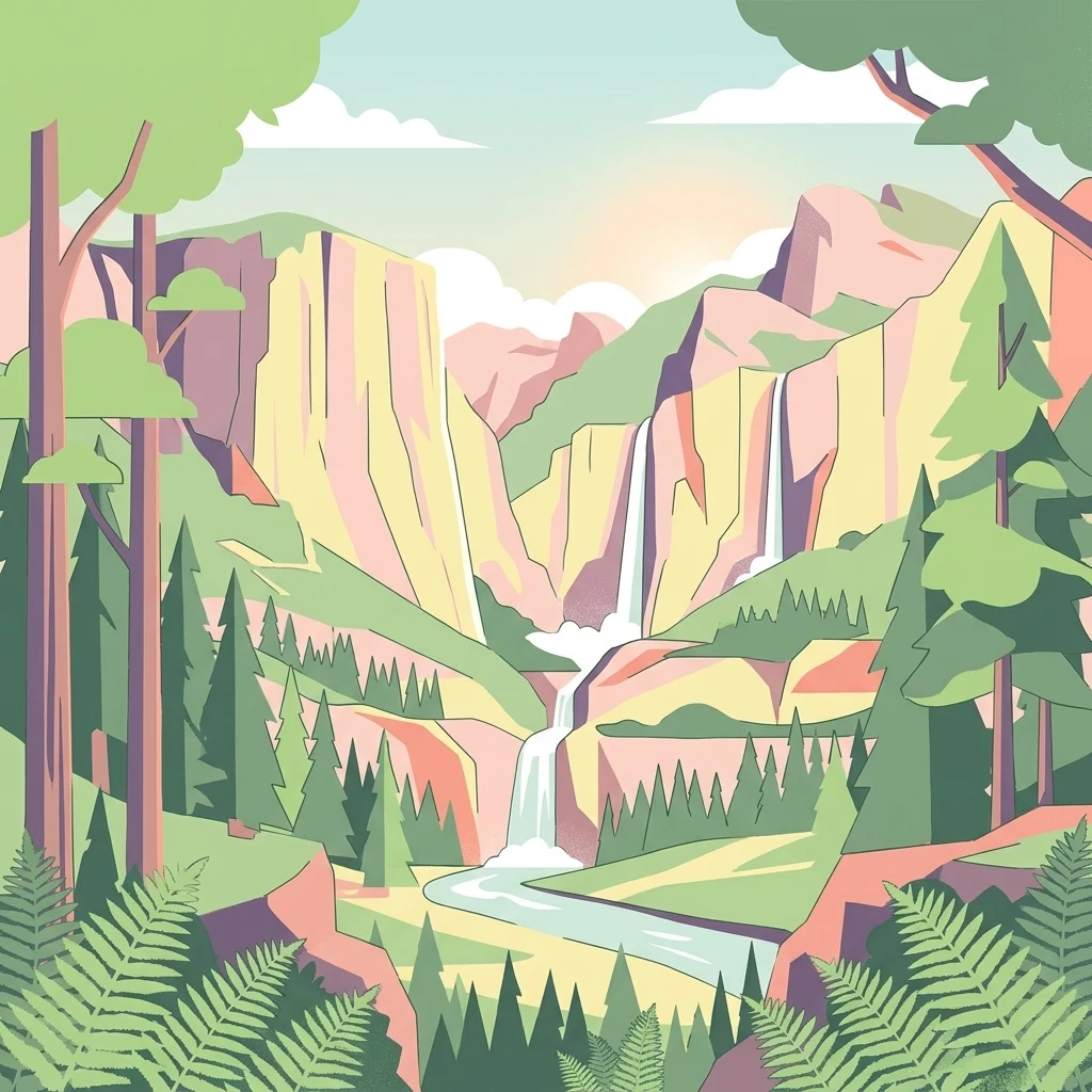 A flat-style digital illustration of a scenic mountain valley featuring cliffs, a waterfall, coniferous trees, and ferns.