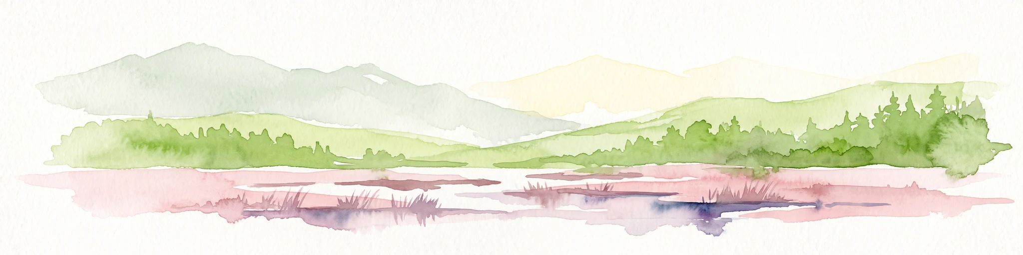 Watercolor painting of a gentle green hilly landscape with a foreground of soft pink and purple tones, set against a light background.