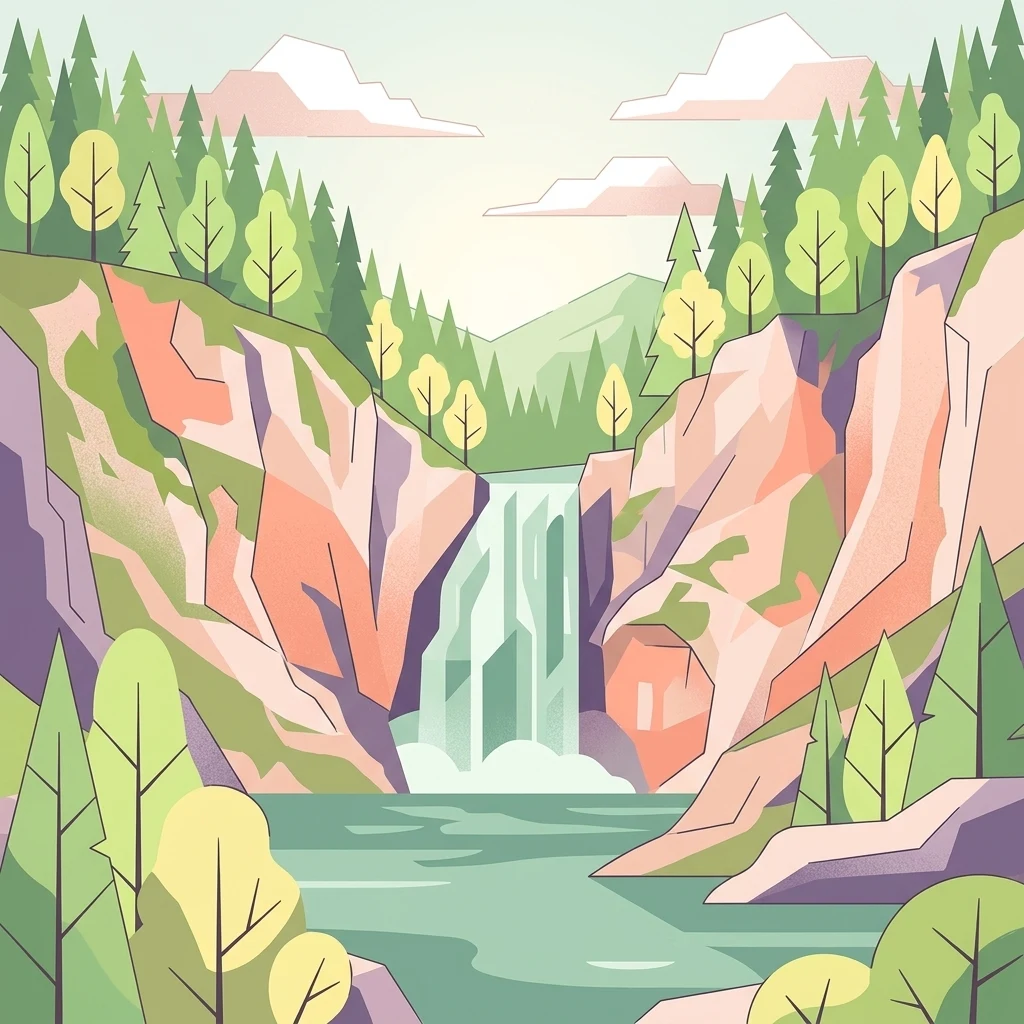 Una ilustración de diseño plano y estilizado de una cascada que cae sobre acantilados rocosos hasta una poza, rodeada de bosques de pinos y colinas lejanas.