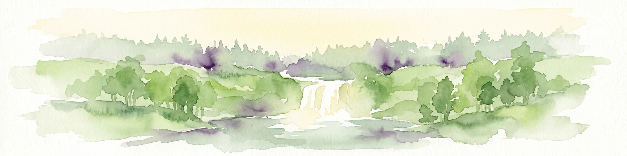 Acuarela de una cascada rodeada de frondosos árboles verdes y bosque.