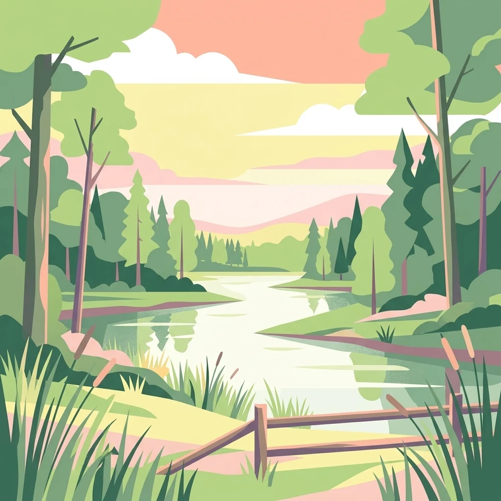 Una ilustración digital de un estanque sereno rodeado de un bosque y juncos al atardecer.