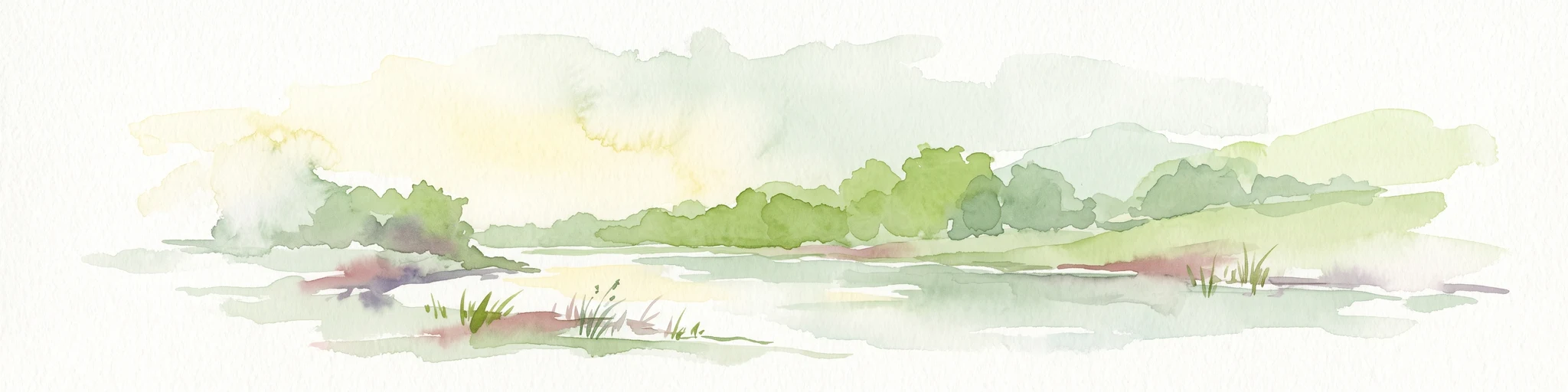 A soft watercolor painting of a pond with reeds in the foreground and a tree-lined bank in the background, set against a pale, washed-out sky.