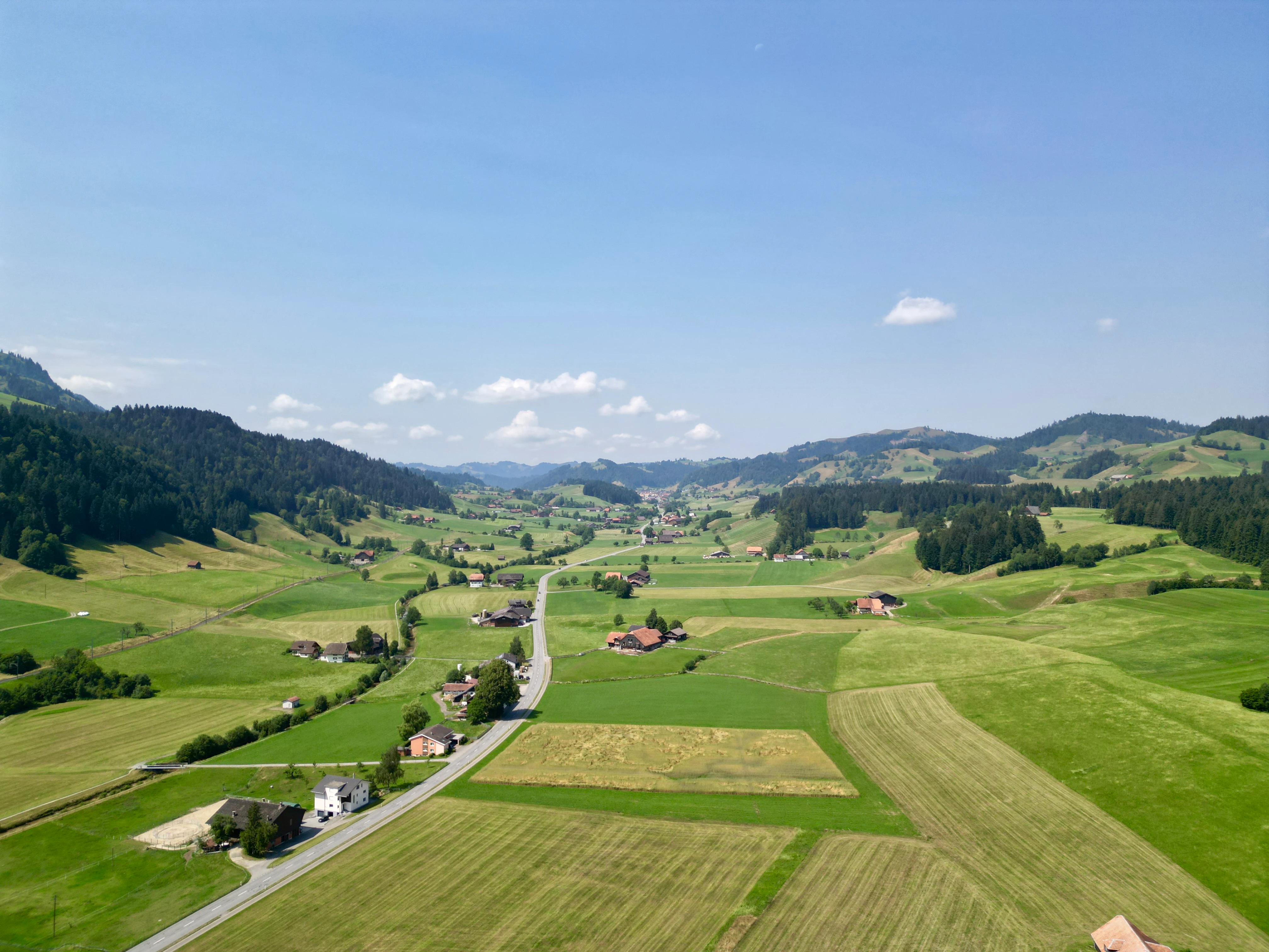 A high-angle view looking across a rural valley in Entlebuch, Switzerland, featuring rolling green meadows, patches of forest, scattered farmhouses, and a winding road.