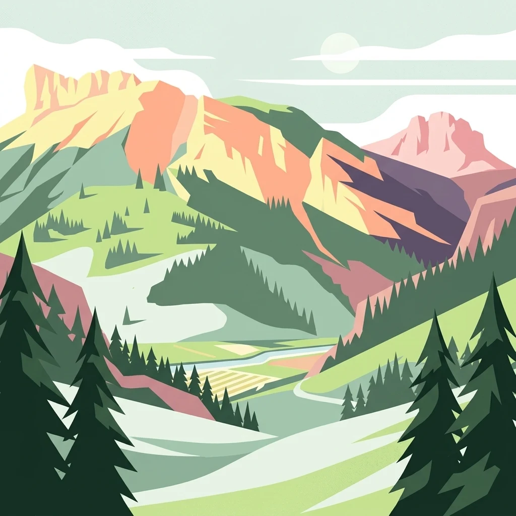 A stylized flat vector illustration of a mountainous landscape with evergreen trees in the foreground, green slopes, a winding path, and jagged peaks in the background under a pale sky.