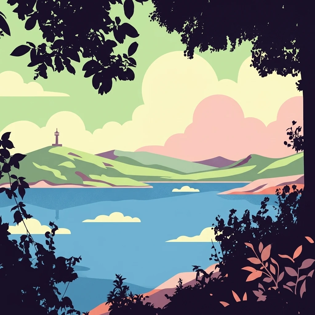 Stylized digital illustration of a lake surrounded by rolling hills and dense foreground vegetation, with a distant tower on a hill under a pastel sky.