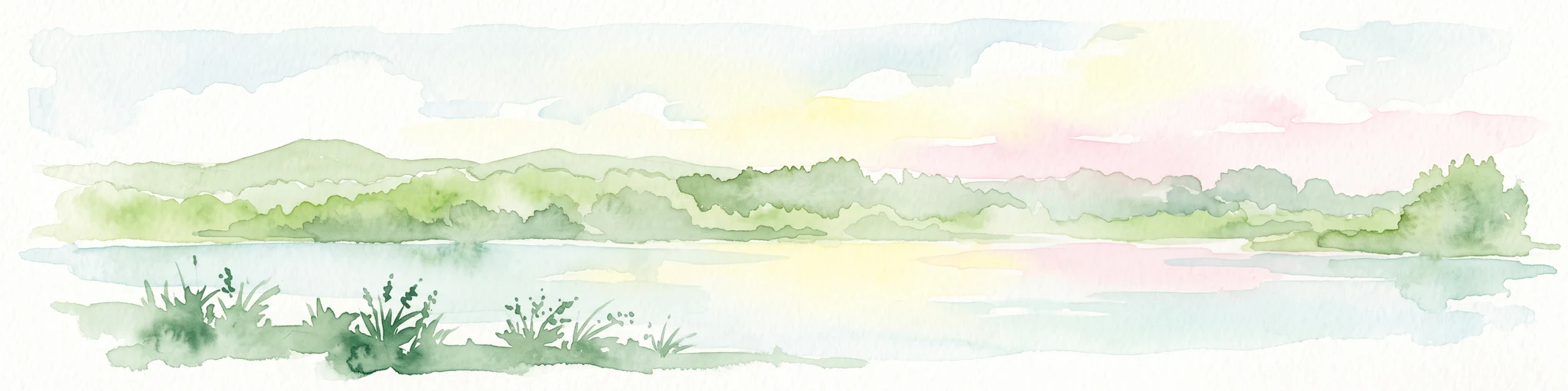 A soft-focus watercolor painting of a wetland scene showing a calm body of water with reeds in the foreground and a tree-lined horizon under a pastel sky.
