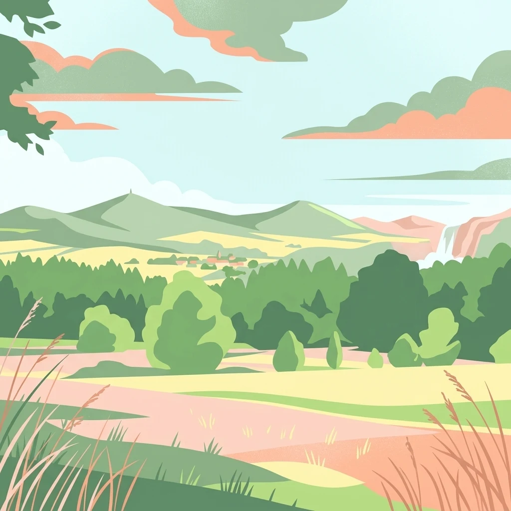 A stylized digital illustration of a serene nature reserve in Germany, showing rolling green hills and forests under a soft sky with warm-toned clouds.