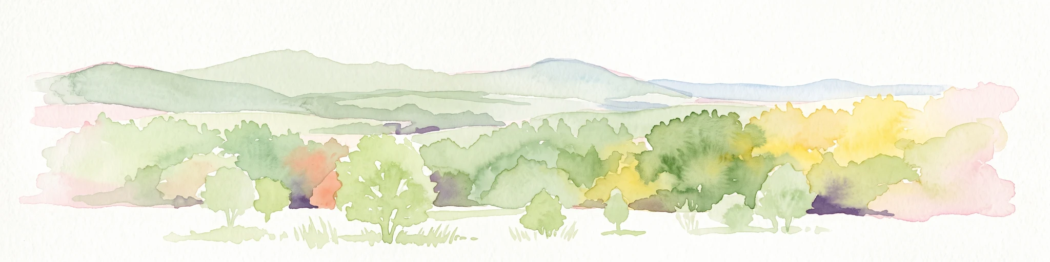 Watercolor painting of a rolling forested landscape with distant hills under a soft light.