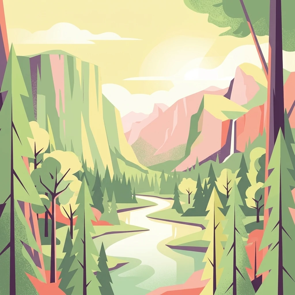 Una ilustración digital de estilo plano de un valle fluvial sereno rodeado de acantilados escarpados y bosques de pinos, con una pequeña cascada visible al fondo.