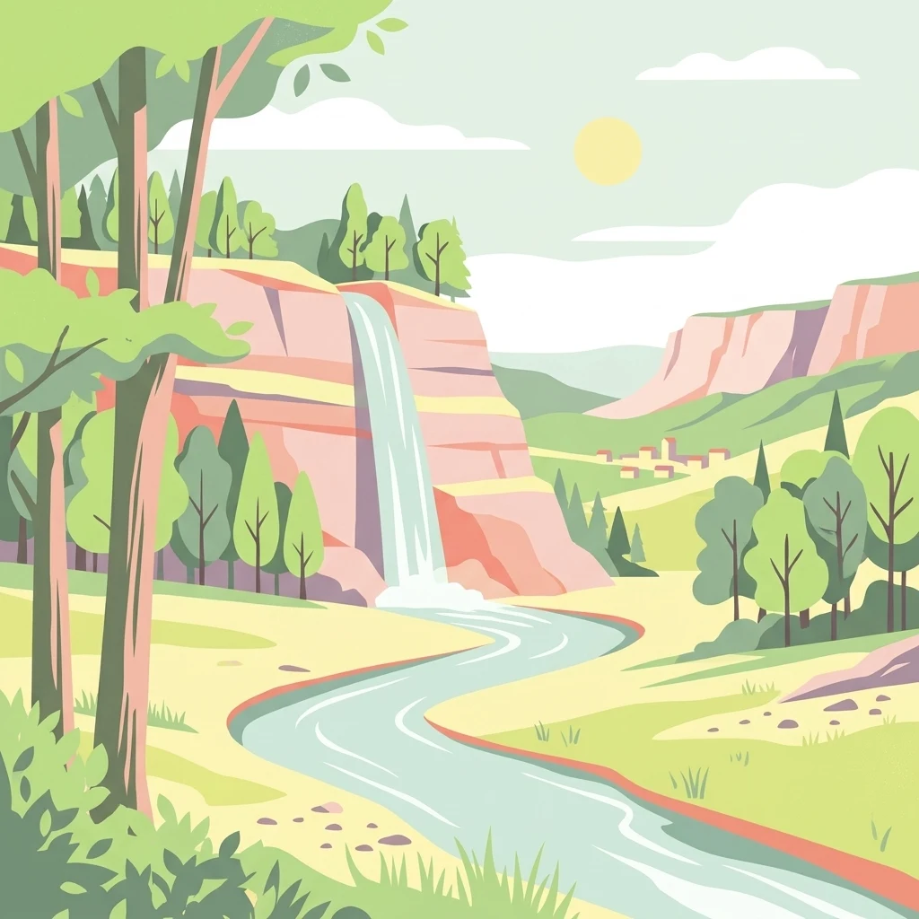 A flat-style digital illustration showing a winding river flowing through a valley between tiered limestone cliffs with a waterfall, surrounded by trees and a sunlit sky.