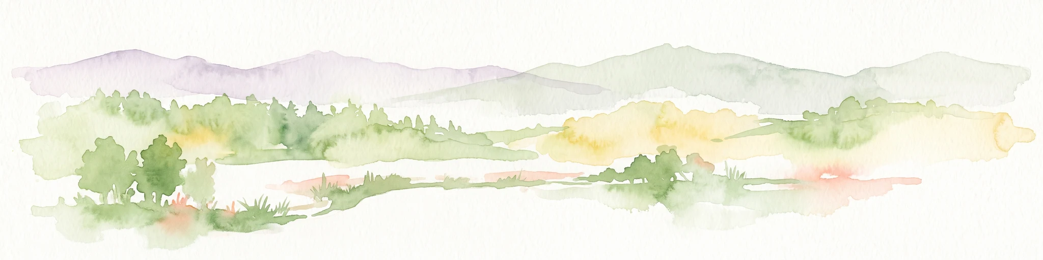 A minimalist watercolor painting featuring soft green trees and rolling hills in the background against a light, airy white backdrop.