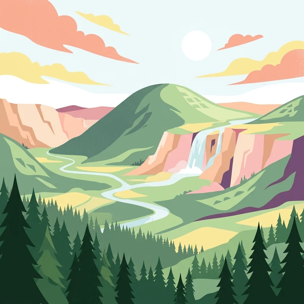 A flat-design digital illustration showing a winding river through a valley with a waterfall cascading down a cliffside, framed by pine trees in the foreground and rounded mountains in the background under a soft sky.