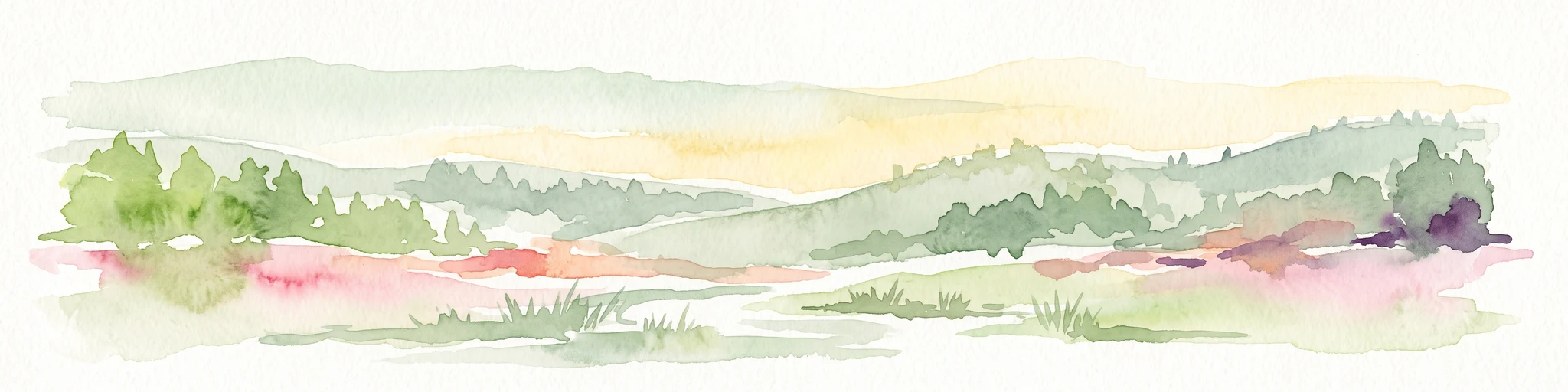 Una ilustración horizontal en acuarela que muestra suaves colinas onduladas, parches de bosque y un primer plano herboso en tonos verdes y rosas apagados contra un cielo amarillo pálido.