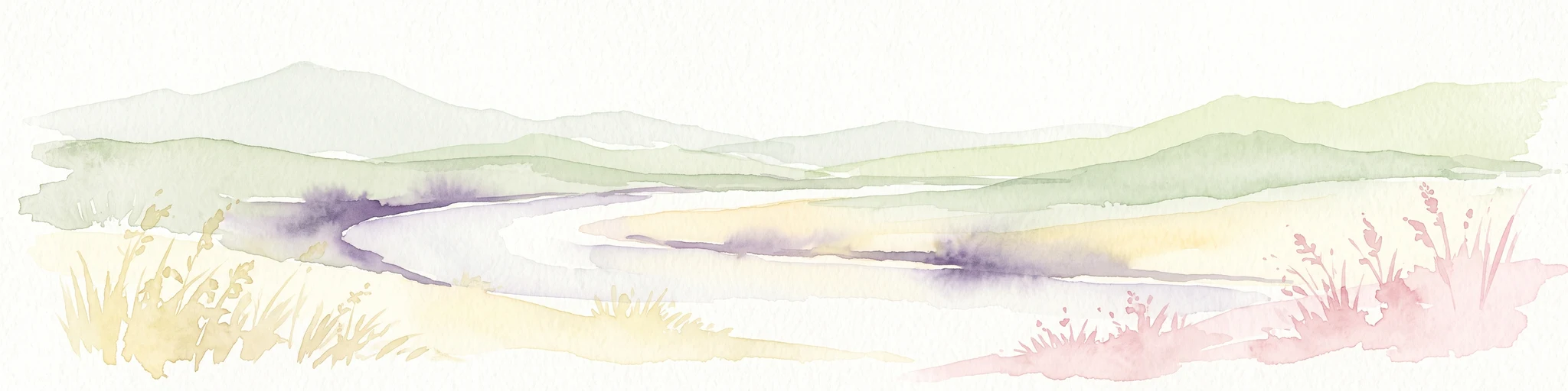 A minimalist watercolor illustration depicting a river winding through soft, rolling hills in pastel tones of green, yellow, and purple.