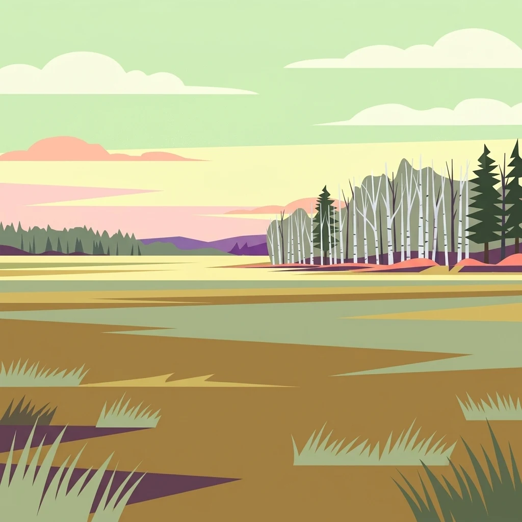 A flat-style digital illustration showing a flat landscape with patches of grass, a distant forest with pine and white-barked trees, and a pale yellow sky with soft clouds.