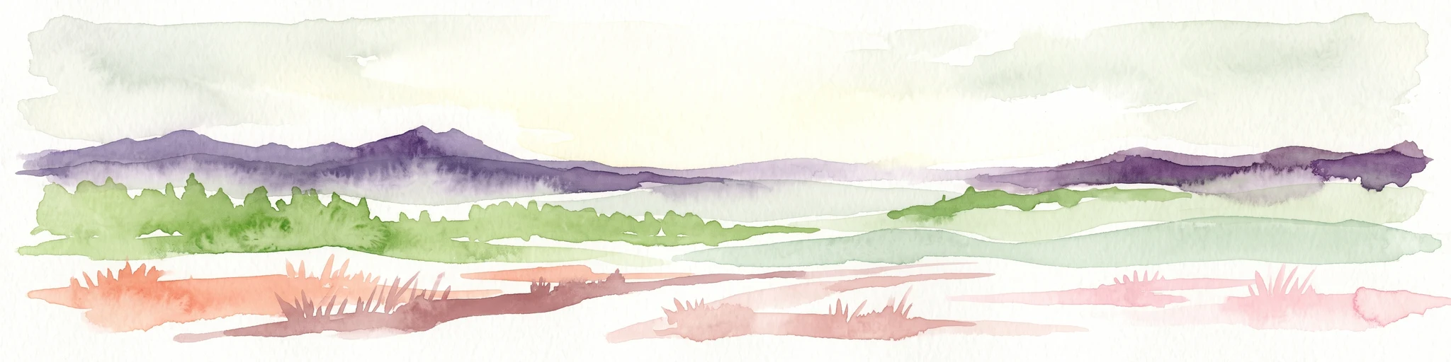 A horizontal watercolor painting depicting a sparse forest in the midground and low hills in the background with a pale, misty sky.