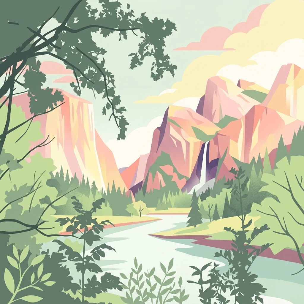A stylized digital illustration of a mountainous landscape with a river flowing through a valley, a waterfall on a rock face, and pine trees in the foreground and midground.