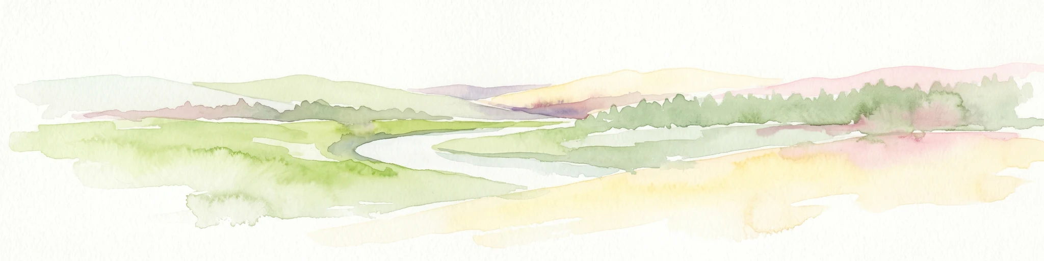 Watercolor illustration showing a winding river through green hills with distant trees under a light sky