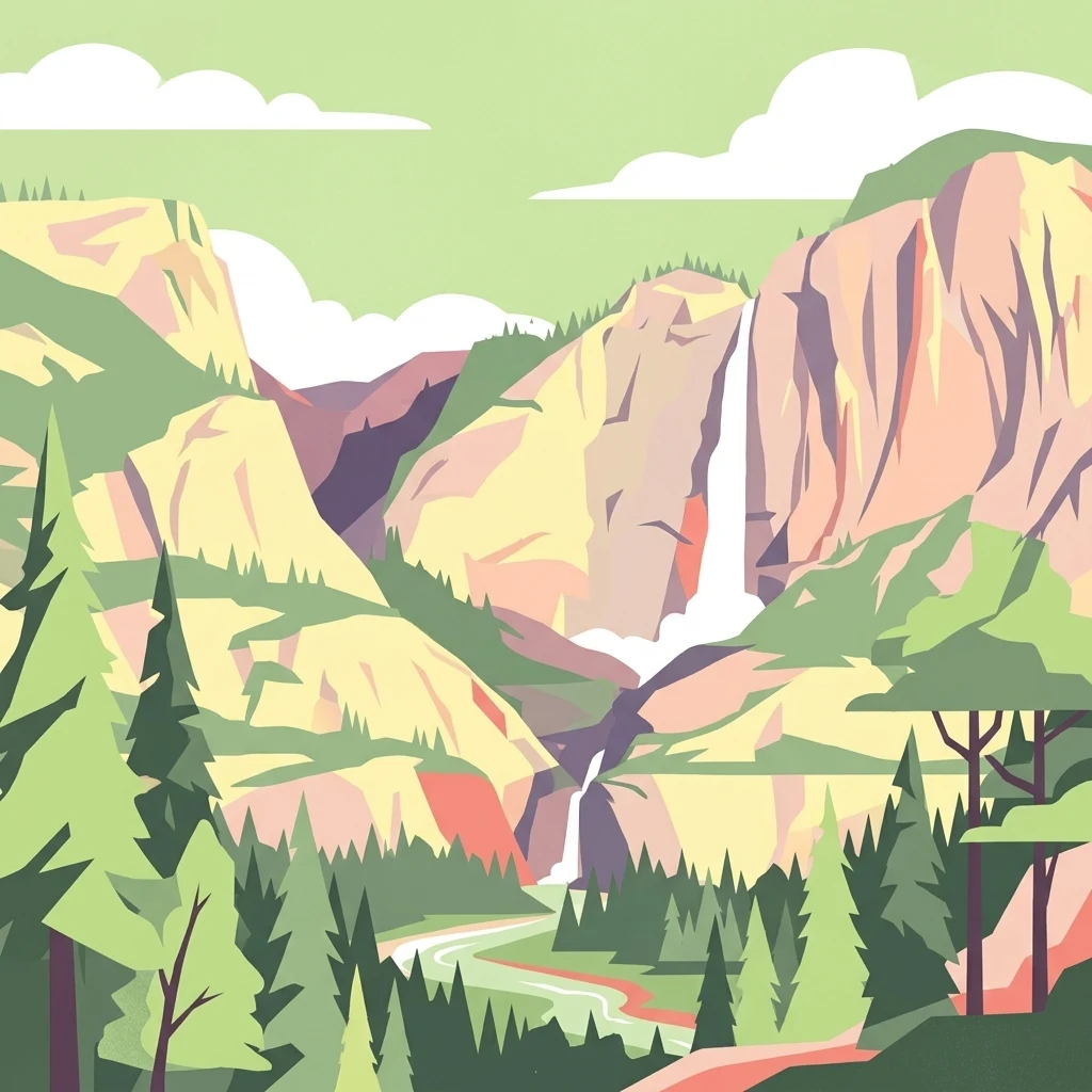 A flat, stylized illustration of a mountain valley with a waterfall cascading down cliffs, surrounded by a pine forest and a winding river.