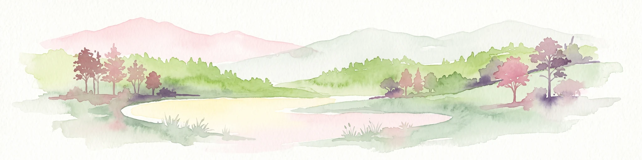 Una ilustración horizontal en acuarela que representa un lago tranquilo rodeado de un bosque verde suave y colinas lejanas brumosas.