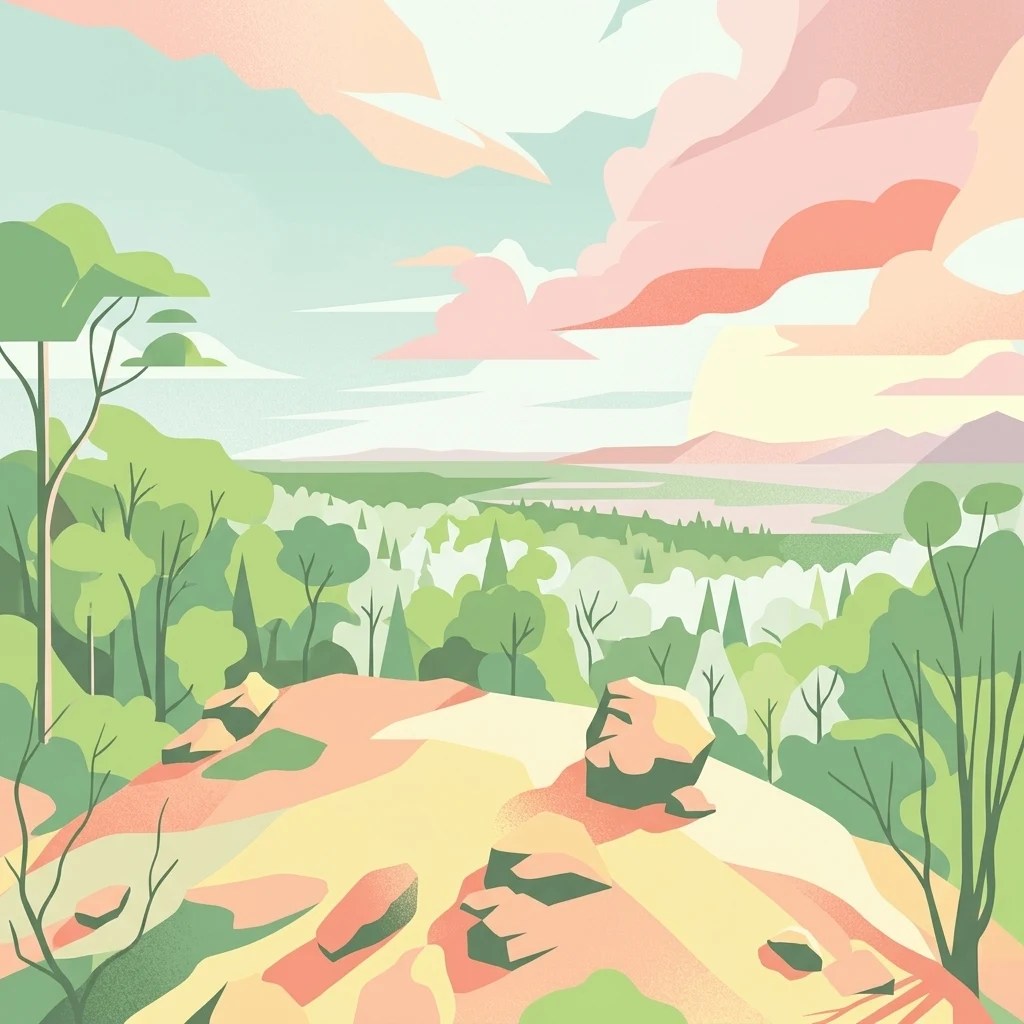 Stylized illustration of a landscape with green trees, rocky hills, and a colorful sky.