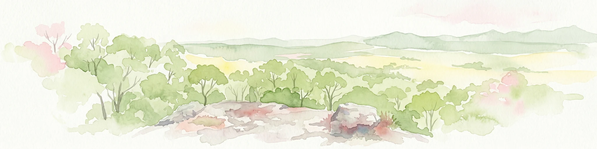 Watercolor illustration showing green trees and distant hills under a pastel sky