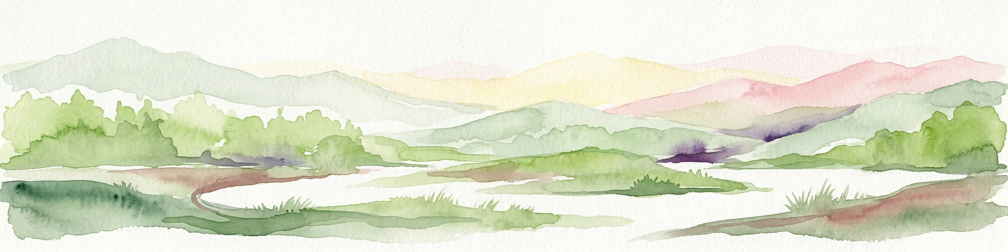 Watercolor painting showing green hills, valleys, and distant mountains