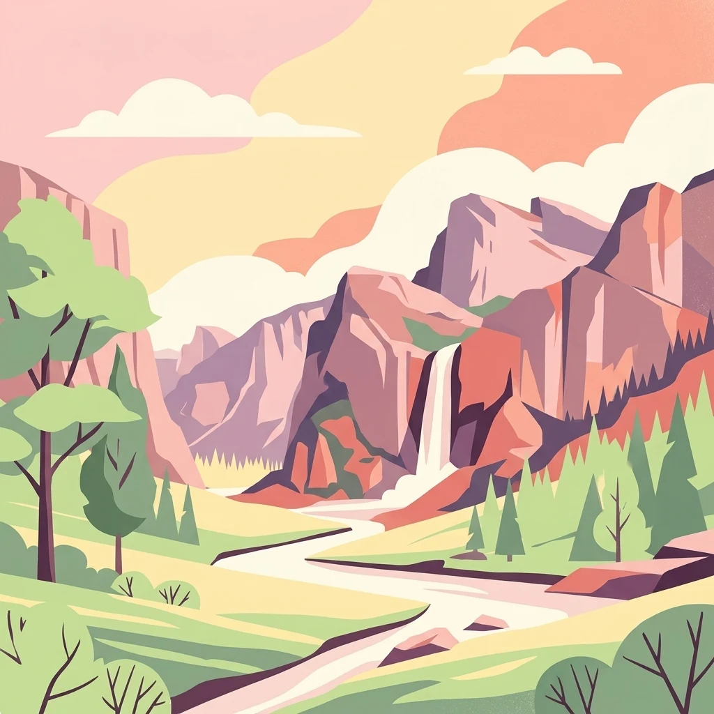 A flat-style digital illustration featuring a valley with stylized mountains, a waterfall, a winding river, and pine forests under a warm, pastel-colored sky.