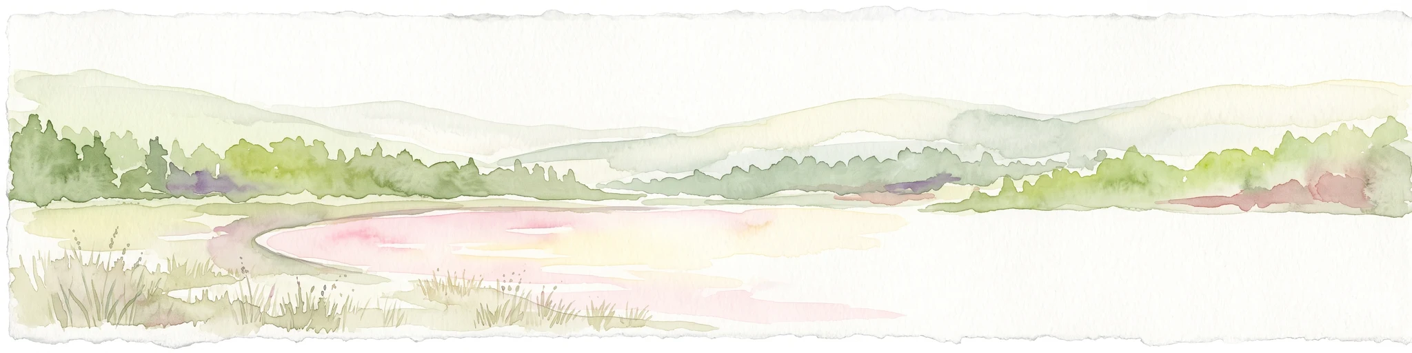 A horizontal watercolor painting of a calm river or wetland area with trees, shoreline grasses, and rolling hills in the background, executed in a soft, muted style.