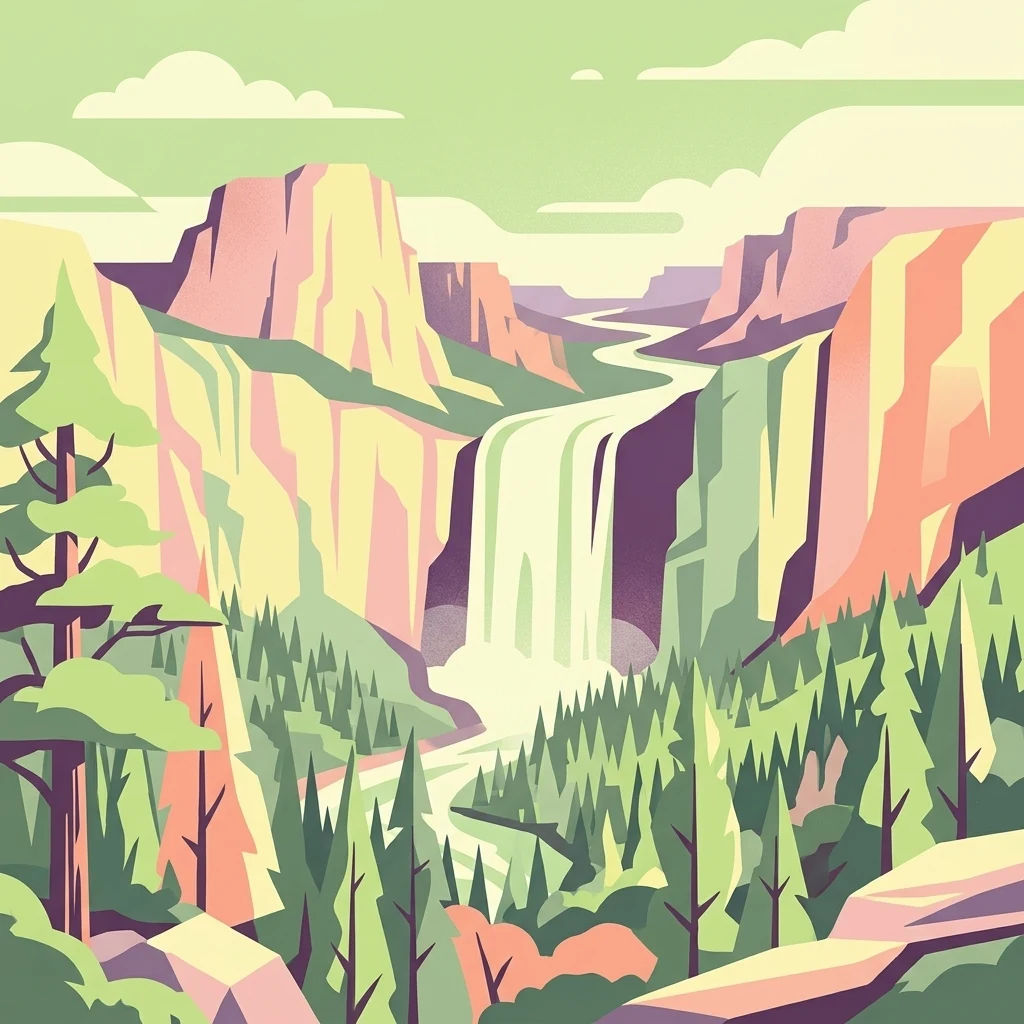 Vector-style illustration of a scenic canyon featuring a waterfall cascading between tall rocky cliffs, surrounded by coniferous trees and soft, pastel-toned clouds in a pale sky.