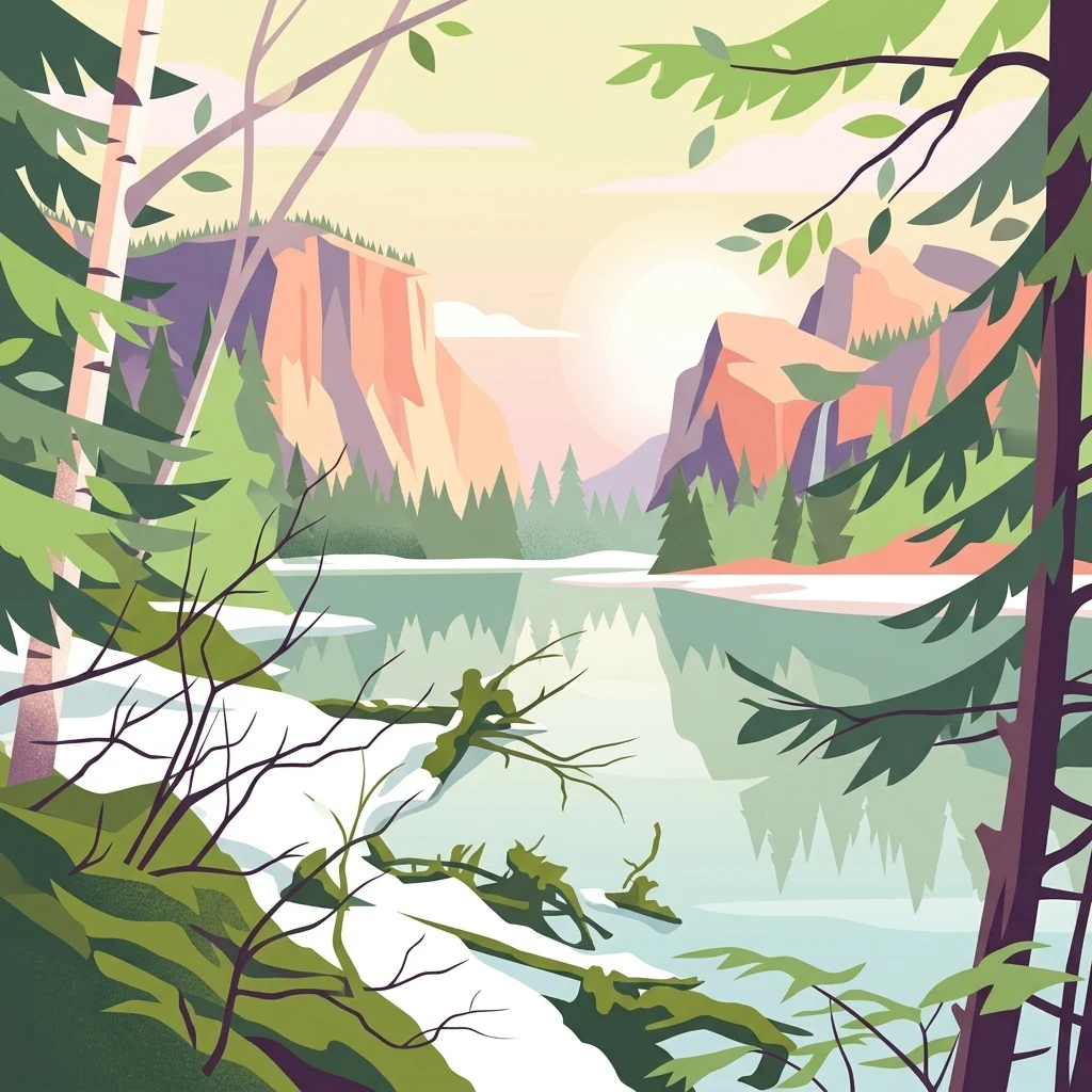 A flat-style digital illustration of a serene river flowing through a mountain valley, viewed from a shoreline with snow and coniferous trees in the foreground.
