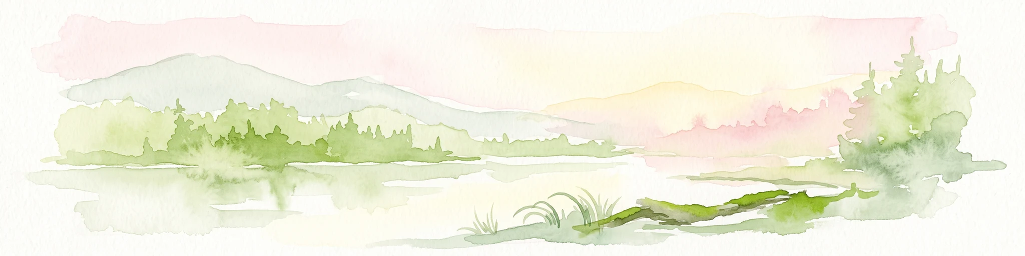 A soft watercolor illustration depicting a calm river scene with evergreen trees, a grassy riverbank, and distant rolling hills in pale green and pink tones.
