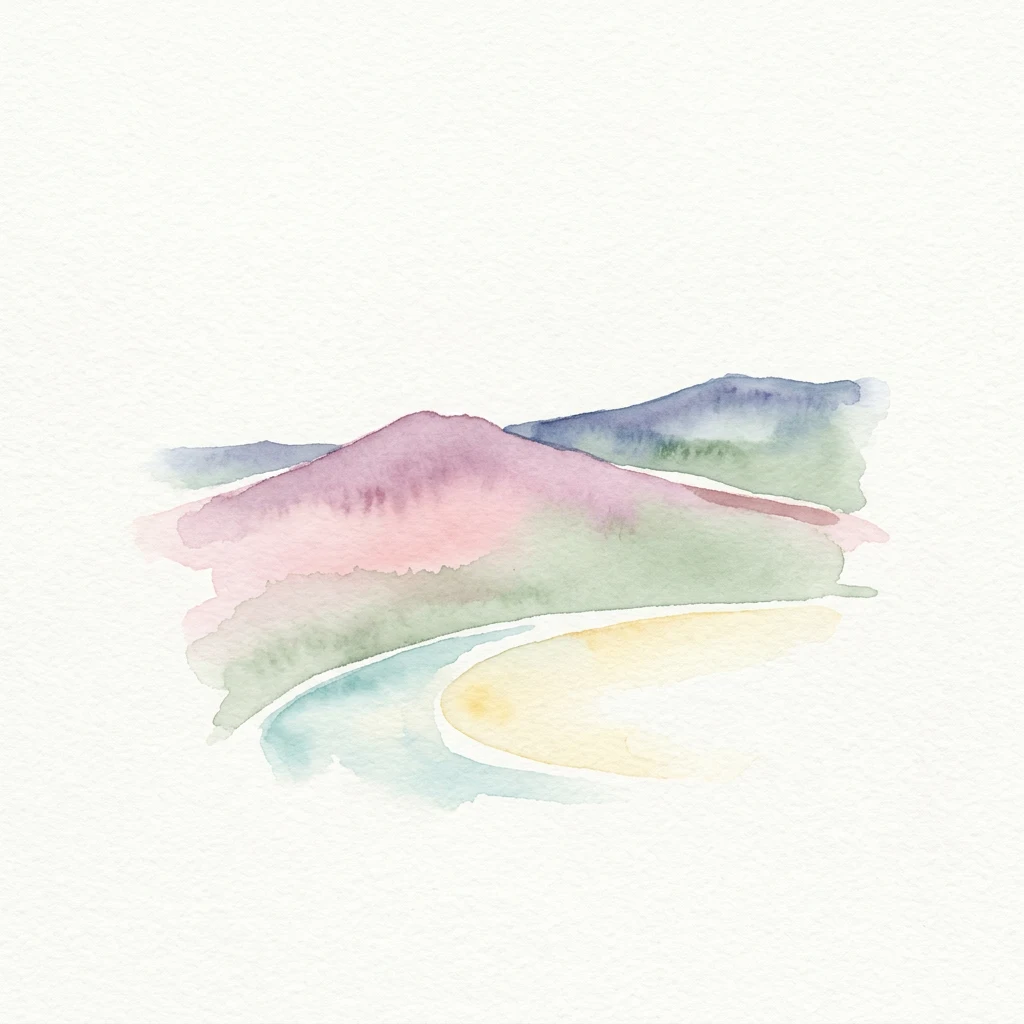 Watercolor illustration of a mountain range with a winding river and colored hills