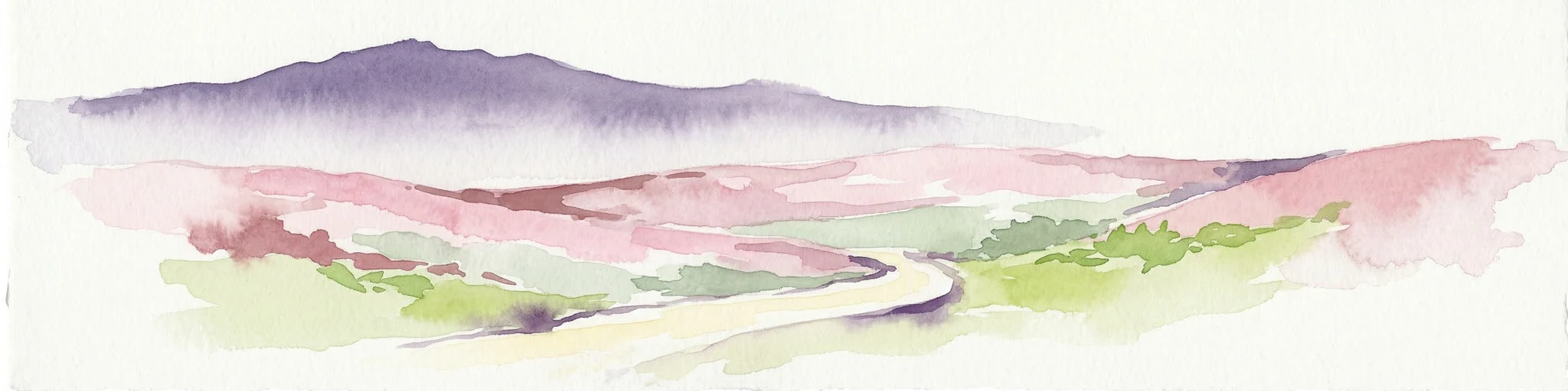 Pintura de acuarela que representa un paisaje con colinas onduladas, un camino sinuoso y montañas distantes