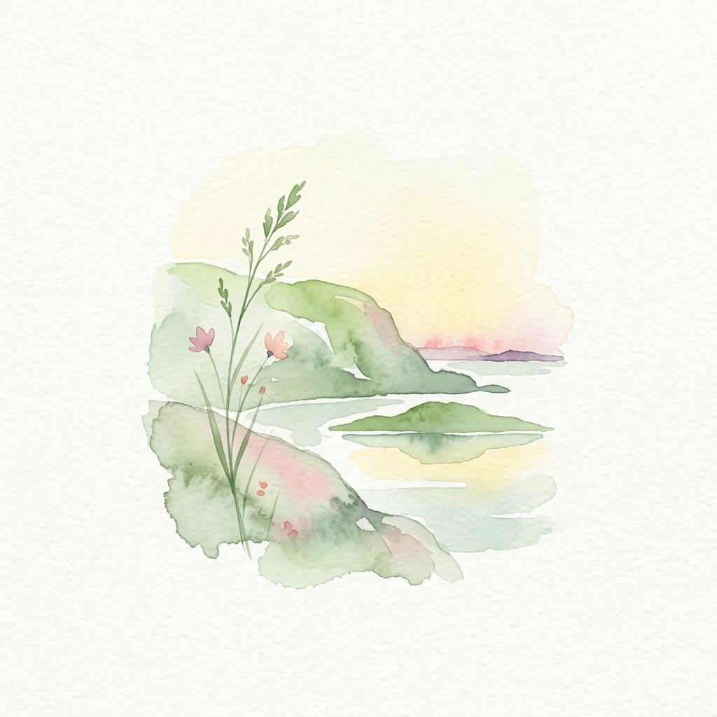Watercolor painting showing islands, water, green hills, and pink flowers under a sunset sky