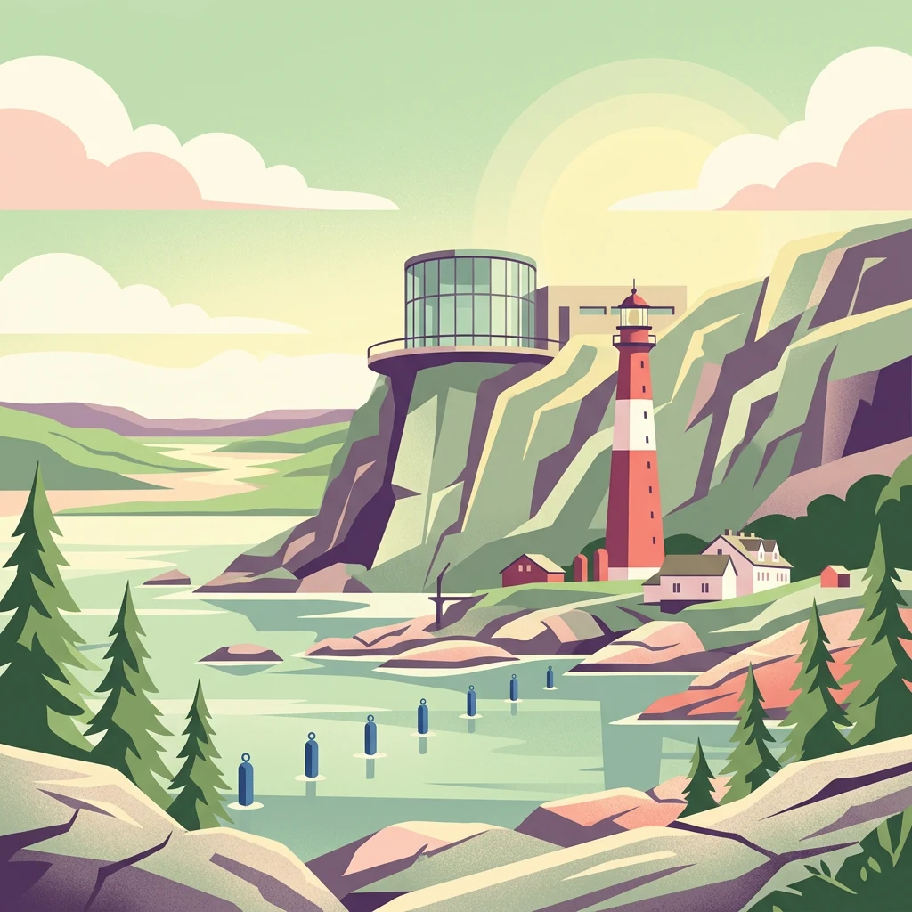 Ilustración estilizada de un faro sobre un acantilado rocoso con vistas a un archipiélago costero con pequeñas islas, pinos y una estructura circular