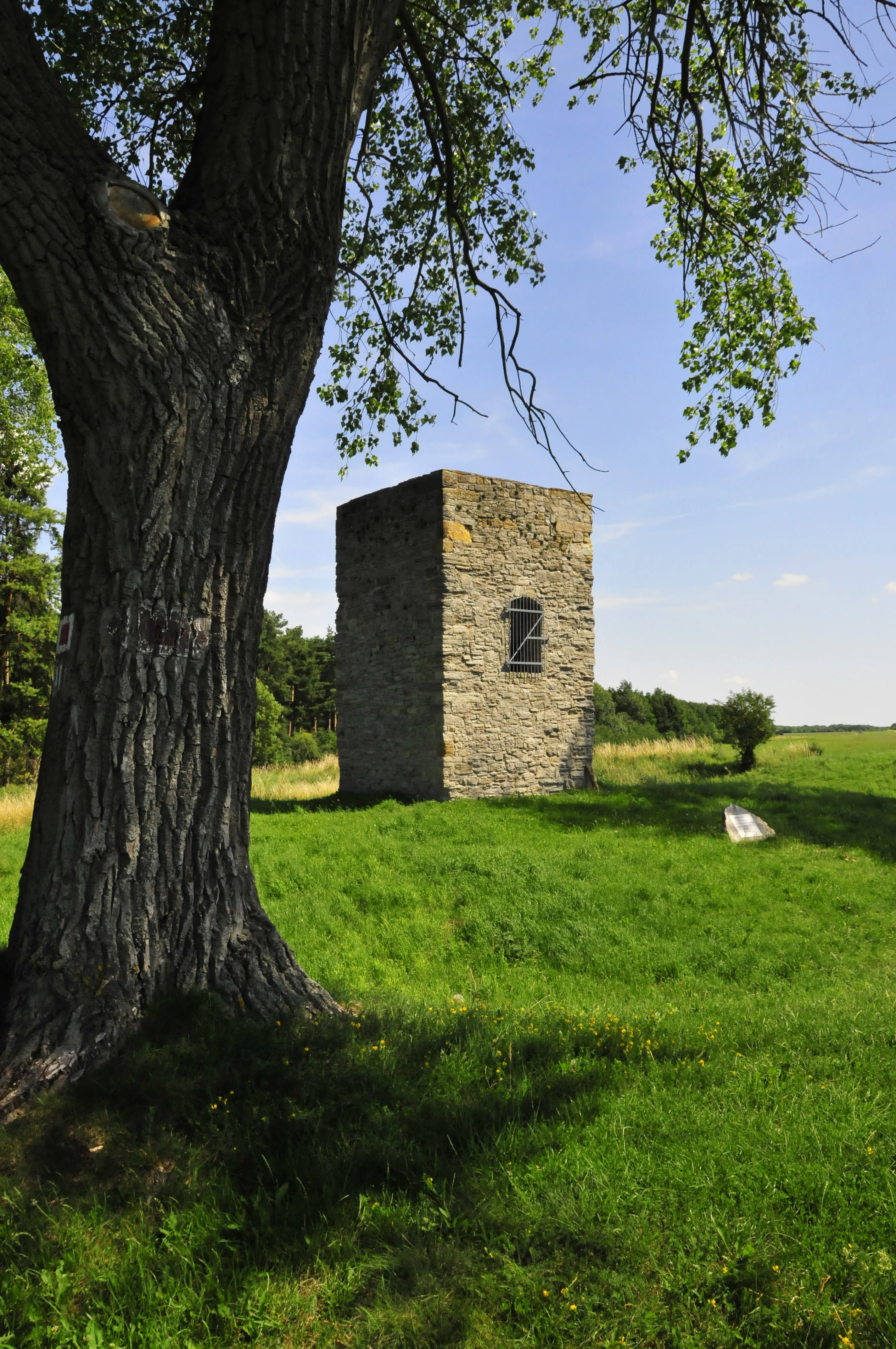 A stone watchtower with a metal-grated window stands in a grassy field next to a large tree under a clear blue sky.
