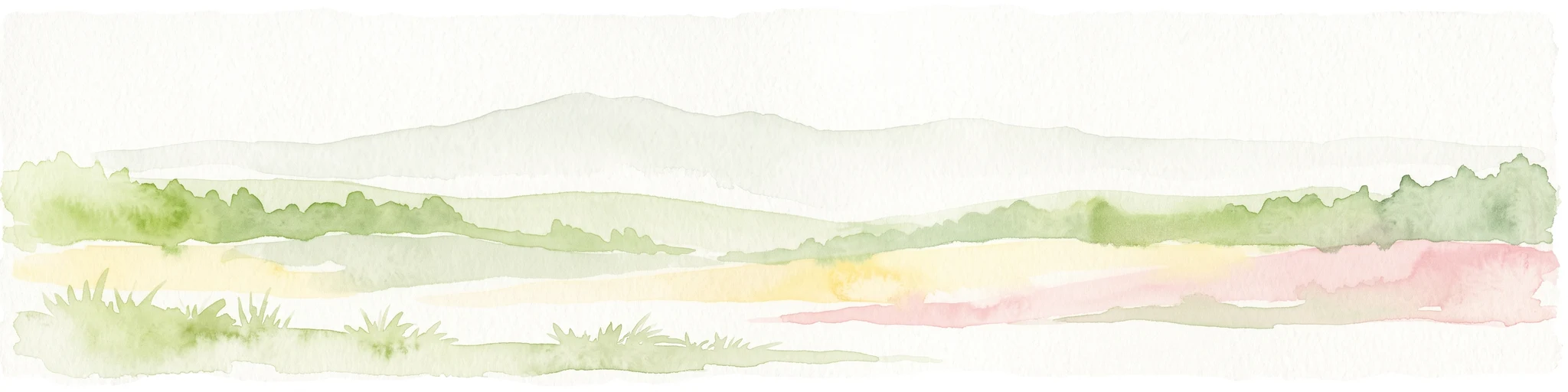 A horizontal watercolor illustration depicting soft green rolling hills and a forested ridge against a pale white background.