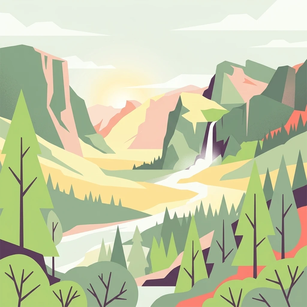 Ilustración digital de un valle de montaña con una cascada, un río que fluye y árboles de hoja perenne en un estilo geométrico simplificado.