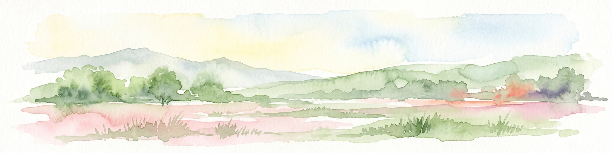 A watercolor painting of a flat, marshy landscape with soft green trees in the midground and pale hills under a light sky in the background.