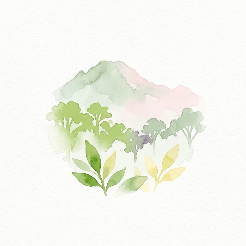 Ilustración de acuarela que muestra una cordillera con follaje verde y amarillo en primer plano