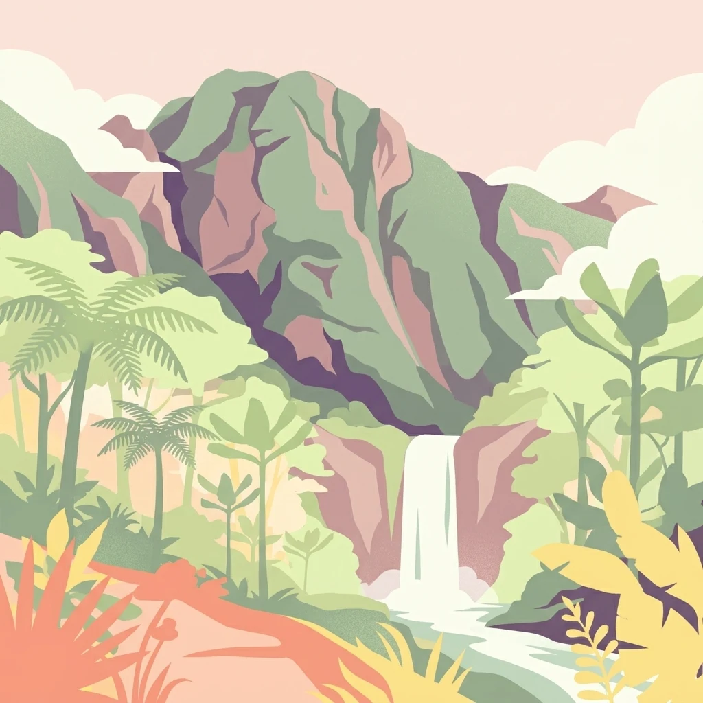 Stylized illustration showing mountains, waterfall, and tropical plants in a park setting